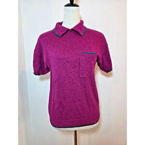 Vtg 90s Womens Linen Knit Sweater Polo Small Collar Purple Retro Preppy Tennis